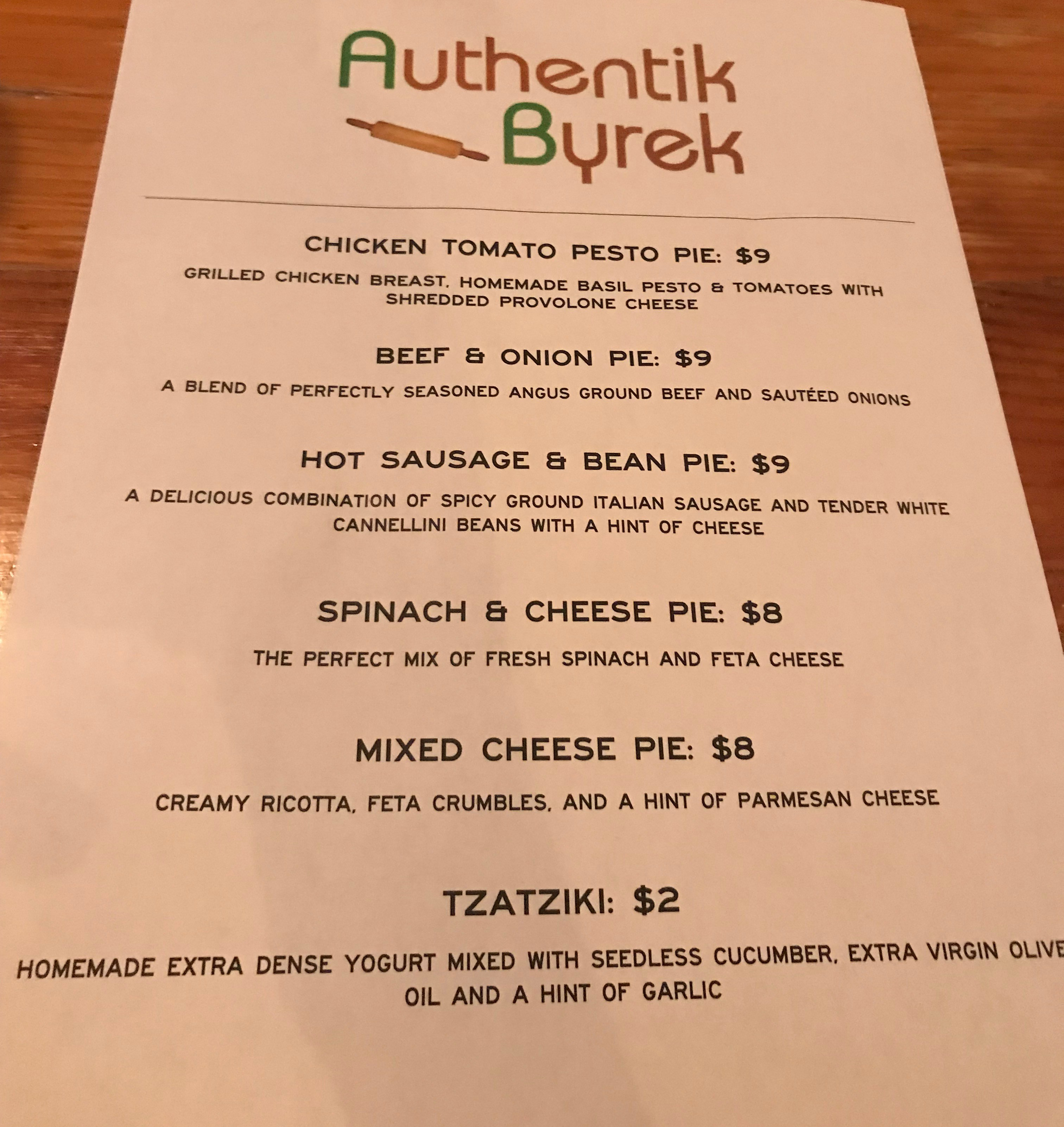Authentic Byrek menu
